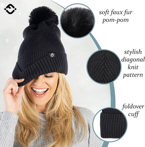 Funky Junque Basics Womens Pom Pom Beanie Winter Hats Cute Diagonal Pattern Fleece Lined Warm Stocking Caps Pompom Toboggan in Saudi Arabia
