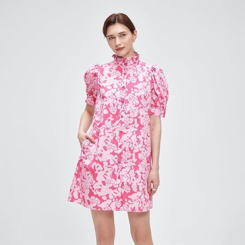 D-Sun Women's Summer Floral Mini Dress Short Sleeve Button Down Casual Boho Beach Shirt Mini Dress in Saudi Arabia