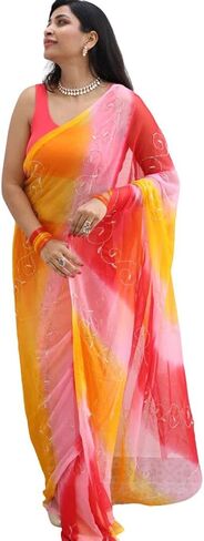 Women Shades of Haldi Patta Dye Embellished Cutdana Handwork Saree with Contrast Blouse 5.5 Mtr Saree, Saree With Blouse Piece For Wedding, Red-Yellow in Saudi Arabia