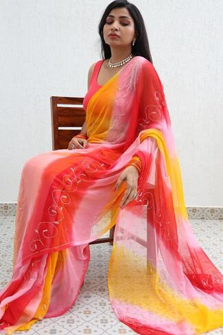 Women Shades of Haldi Patta Dye Embellished Cutdana Handwork Saree with Contrast Blouse 5.5 Mtr Saree, Saree With Blouse Piece For Wedding, Red-Yellow in Saudi Arabia