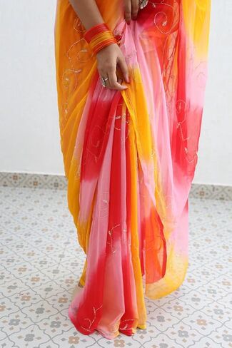 Women Shades of Haldi Patta Dye Embellished Cutdana Handwork Saree with Contrast Blouse 5.5 Mtr Saree, Saree With Blouse Piece For Wedding, Red-Yellow in Saudi Arabia