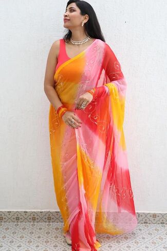 Women Shades of Haldi Patta Dye Embellished Cutdana Handwork Saree with Contrast Blouse 5.5 Mtr Saree, Saree With Blouse Piece For Wedding, Red-Yellow in Saudi Arabia