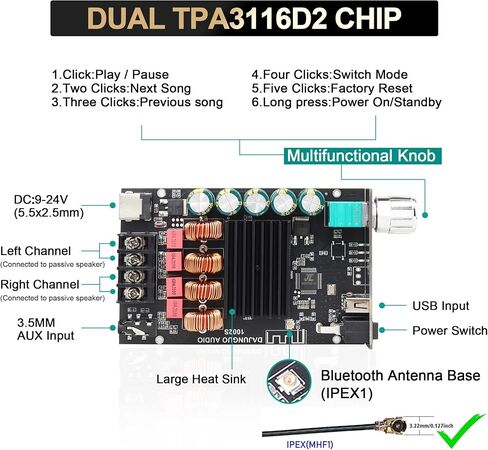 C50HS Bluetooth Amplifier Board TPA3116D2 HiFi Chip 12-24V DC Input,Support USB Sound Card/USB Flash Driver, AUX, Bluetooth Multiple Input Modes (C50HS ONLY) in Saudi Arabia