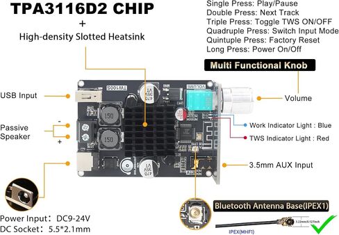 C50HS Bluetooth Amplifier Board TPA3116D2 HiFi Chip 12-24V DC Input,Support USB Sound Card/USB Flash Driver, AUX, Bluetooth Multiple Input Modes (C50HS ONLY) in Saudi Arabia