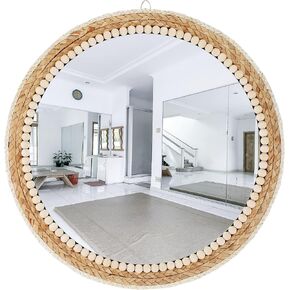 ديكور حائط مرآة المزرعة - دائرة مرآة من الروطان معلقة مقاس 20 بوصة - ديكور مرآة بوهو ريفي للحمام وغرفة النوم والحضانة والمدخل in Kuwait