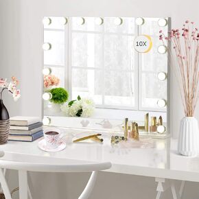 22.8"x 18.1" Vanity Mirror Makeup Mirror with Lights,10X Large Hollywood Lighted Vanity Mirror with 15 Dimmable LED Bulbs,3 Color Modes,Touch Control for Bedroom,Tabletop or Wall-Mounted