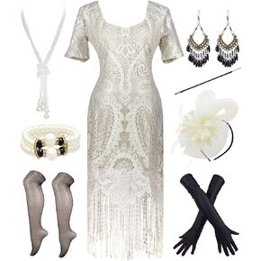 Women 1920s Gatsby Lace Short Sleeve Tassel Cocktail Flapper Dress with Tea Party Accessories Set