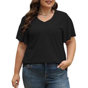 ROSRISS Plus-Size-Tops for Women Hollow Casual V Neck Loose Fit Short Sleeve Shirts