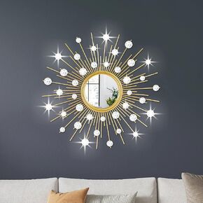 Gold Sunburst Mirror for Wall Decor Metal Sun Decorative with Crystal Diamond Living Room Bedroom Entryway Large Circle Mid Century Modern Starburst Hanging, Medium (20 Inch)