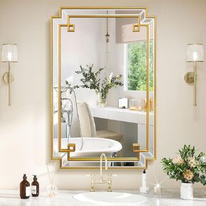 30"x40" Wall Mirror for Bathroom, Gold Rectangle Bathroom Vanity Mirror with Wood Frame, Modern Decorative Wall Mirror for Living Room Bedroom Fireplace Entryway (Horizontal/Vertical)