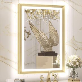 TETOTE Gold LED Bathroom Mirror with Lights 24x36 Frontlit & Backlit Vanity Framed Mirror Baroque Anti Fog Stepless Dimmable White/Warm/Natural,Wall Mounted(Horizontal/Vertical)