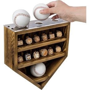 MyGift 12 Peg Wall Mounted Rustic Burnt Solid Wood Baseball Diamond Championship Ring and Game Ball Display Case with Premium Clear Acrylic Stands for Baseballs