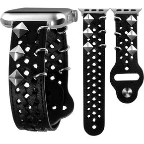 VIQIV Leather Band Compatible with Apple Watch Band 49mm 45mm 44mm 42mm 41mm 40mm 38mm Series Ultra SE 9 8 7 6 5 4 3 2 for Women Black, Western Smart Watch Bracelet for Men, Goth Studded Designer Wristbands Smartwatch Strap for iWatch