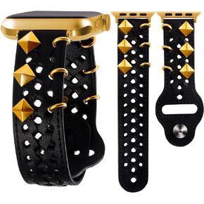 VIQIV Leather Band Compatible with Apple Watch Band 49mm 45mm 44mm 42mm 41mm 40mm 38mm Series Ultra SE 9 8 7 6 5 4 3 2 for Women Black, Western Smart Watch Bracelet for Men, Goth Studded Designer Wristbands Smartwatch Strap for iWatch