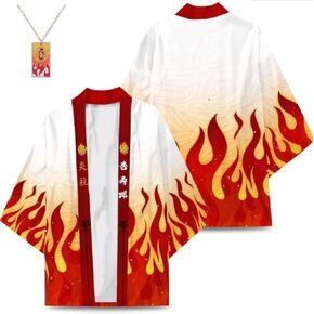Flame Hashira Kyoujurou Rengoku Kimono Cloak Cardigan Cape Halloween Costume with Necklace for Men and Women