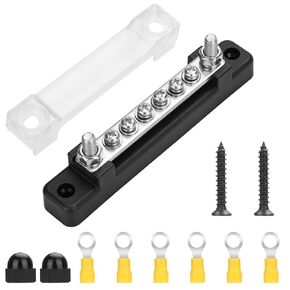 150A Common BusBar Power Terminal Blocks with 2X M6 Studs 6X M4 Screws Terminals, 12V- 48V DC Single-Row Covered Power Ground Distribution Block with 6 Wire Lug for Car Boat Marine Caravan RV Black