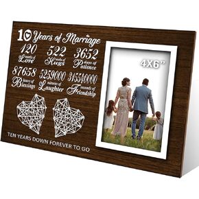 10 Year Anniversary for Him Her - 10th Year Wedding Marriage Husband and Wife Picture Frame 4x6 Inches - 120 Months Couple Bedroom Decor with Photo