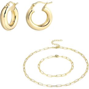 BOUTIQUELOVIN Gold Paplerclip Chain Choker Necklace Breacet Set Bundle with Lightweight Gold Hoop Earrings