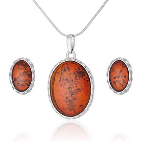 Women's Jewellery Set Catherine, Polished Sterling Silver, Baltic Amber in Cognac Colour, Silver Pendant on Chain and Earrings