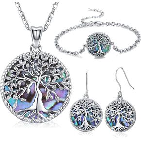 Abalone Seashell Shell Inlaid Tree Necklace Earrings Bracelet Jewelry for Women, 925 Sterling Silver Mother of Pearl Family Tree of Life Charm Pendant Jewelry for Birthday Gift