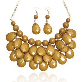 RIAH FASHION Chunky Acrylic Jewel Cluster Floating Bubble Statement Necklace - Teardrop Dangle Layered Bib Collar (Olive)