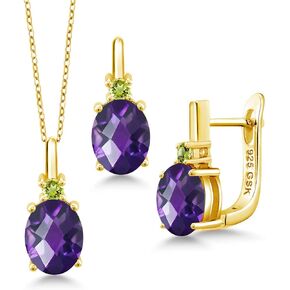 Gem Stone King 4.57 Ct Oval Checkerboard Purple Amethyst Green Peridot 18K Yellow Gold Plated Silver Pendant and Earrings Jewelry Set