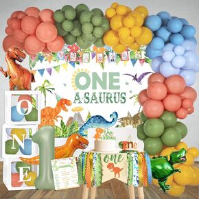 One a Saurus Birthday Decorations, Dinosaur 1st Birthday Decorations Party Supplies, Dinosaur First Birthday Balloon Garland Balloon Box, 1st Birthday Highchair Banner Photo Banner Backdrop