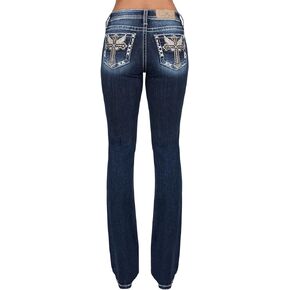 Miss Me Women's Mid-Rise Angel Winged Cross Embellished Pockets Bootcut Jeans