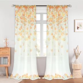 DriftAway Floral Sheer Curtains for Living Room Classic Yellow Flower Spring Printed Light Filtering Curtain Drapes for Bedroom 84 Inches Long 2 Panels Set Rod Pocket Vintage Voile Window Treatment