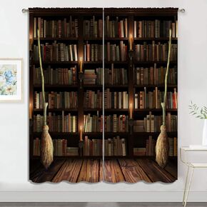 Bookshelf with Books Blackout Curtains, Boy Girls Bedroom Living Room Darkening Decor Vintage Library Art Painting Rod Pocket Thermal Insulated Window Curtain/Drapes, 55x63 Inch