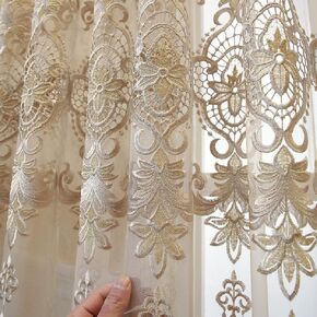 Amidoudou 1 Pair European Embroidered Jacquard Sheer Curtains Luxury Beige Elegant Tulle Curtains for Bedroom Living Room (Beige,54x84 Inch)