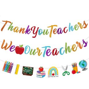 HOWAF Thank You Teachers Glitter Banner for Teachers Appreciation Week Decoration, Teacher Appreciation Week Glittery Garland Banner for Teacher’s Day Decor, Thank You Teachers Hanging Banner