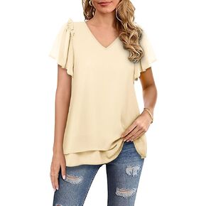 Women's V Neck Tunic Tops Dressy Casual Flutter Sleeve Tiered Chiffon Blouse
