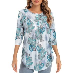 Women's Paisley Printed 3/4 Sleeve Henley V Neck Pleated Casual Flare Tunic Damask Irregular Hem Blouse Shirt