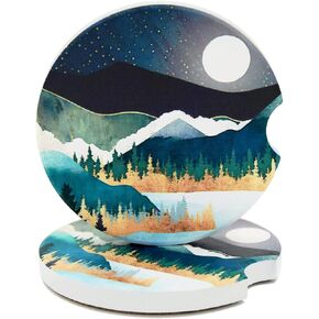 2 Pack Car Coasters for Cup Holders Absorbent Mountain River Ceramic Car Cup Holder Coaster with Cork Base&Fingertip Notch for Easy Removal, 2.56" Keep Car Free from Drink Spills&Condensations