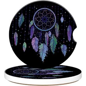 Car Cup Holder Coaster for Drinks,2 Pack Car Coasters for Cup Holder,Colorful Dreamcatcher Feathers Anti-Slip Absorbent Ceramic Car Cup Coaster with Cork Base for Drinks Coffee Women Men 2.56"