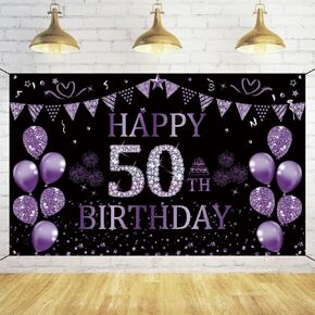 خلفية عيد ميلاد trgowaul الخمسين باللون الأسود والأرجواني 5.9 × 3.6 قدم لافتة زينة لحفلات أعياد الميلاد السعيدة للنساء والرجال، لوازم التصوير الفوتوغرافي، خلفية زينة عيد ميلاد سعيد 50 in Kuwait