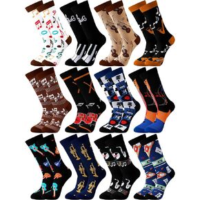12 Pairs Music Gift Socks for Men Novelty Music Lover Gifts Musical Instrument Pattern Crew Socks Christmas Gift