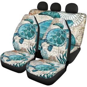Vintage Sea Turtle Print Car Seat Cover Full Set of 4, Underwater World Animal Front and Rear Seat Protector Great for SUV Sedan Truck, Easy to Install