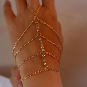 Xerling Boho Finger Ring Bracelets Gold Layered Hand Chains for Women Tassel Slave Hand Harness Rhinestone Charm Bracelets Hand Jewelry for Teen Girls