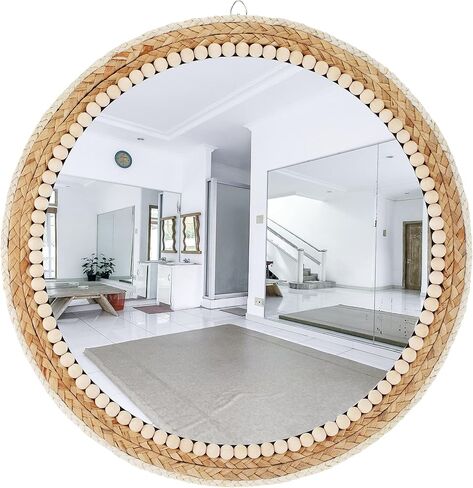 ديكور حائط مرآة المزرعة - دائرة مرآة من الروطان معلقة مقاس 20 بوصة - ديكور مرآة بوهو ريفي للحمام وغرفة النوم والحضانة والمدخل in Kuwait