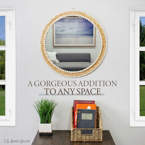 ديكور حائط مرآة المزرعة - دائرة مرآة من الروطان معلقة مقاس 20 بوصة - ديكور مرآة بوهو ريفي للحمام وغرفة النوم والحضانة والمدخل in Kuwait