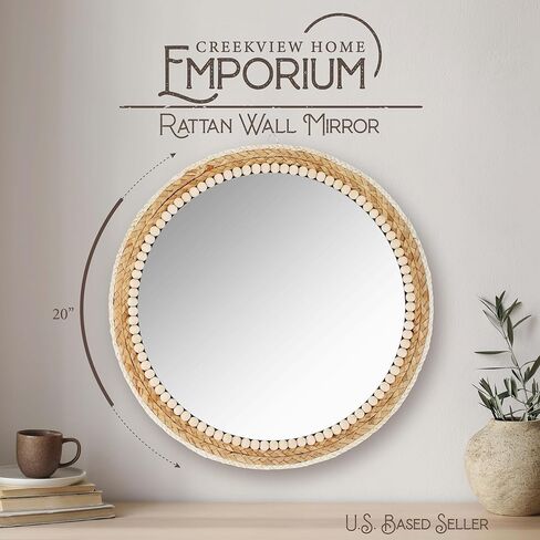 ديكور حائط مرآة المزرعة - دائرة مرآة من الروطان معلقة مقاس 20 بوصة - ديكور مرآة بوهو ريفي للحمام وغرفة النوم والحضانة والمدخل in Kuwait