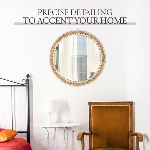 ديكور حائط مرآة المزرعة - دائرة مرآة من الروطان معلقة مقاس 20 بوصة - ديكور مرآة بوهو ريفي للحمام وغرفة النوم والحضانة والمدخل in Kuwait