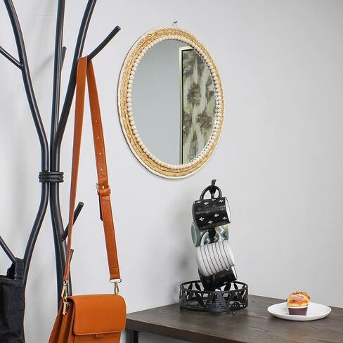 ديكور حائط مرآة المزرعة - دائرة مرآة من الروطان معلقة مقاس 20 بوصة - ديكور مرآة بوهو ريفي للحمام وغرفة النوم والحضانة والمدخل in Kuwait