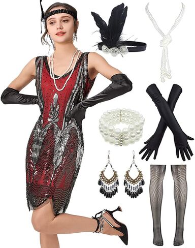 Women 1920s Gatsby Lace Short Sleeve Tassel Cocktail Flapper Dress with Tea Party Accessories Set in Kuwait
