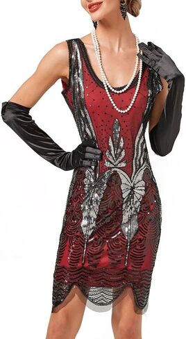 Women 1920s Gatsby Lace Short Sleeve Tassel Cocktail Flapper Dress with Tea Party Accessories Set in Kuwait