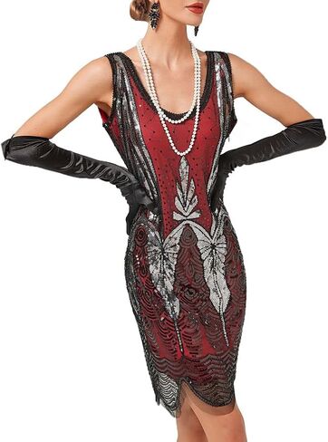 Women 1920s Gatsby Lace Short Sleeve Tassel Cocktail Flapper Dress with Tea Party Accessories Set in Kuwait