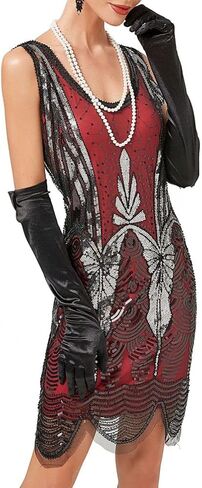 Women 1920s Gatsby Lace Short Sleeve Tassel Cocktail Flapper Dress with Tea Party Accessories Set in Kuwait