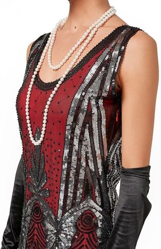 Women 1920s Gatsby Lace Short Sleeve Tassel Cocktail Flapper Dress with Tea Party Accessories Set in Kuwait